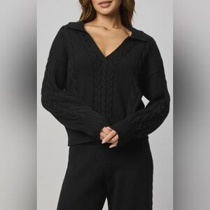 Splendid Jet Set Cable Stitch Polo Sweater - Black
